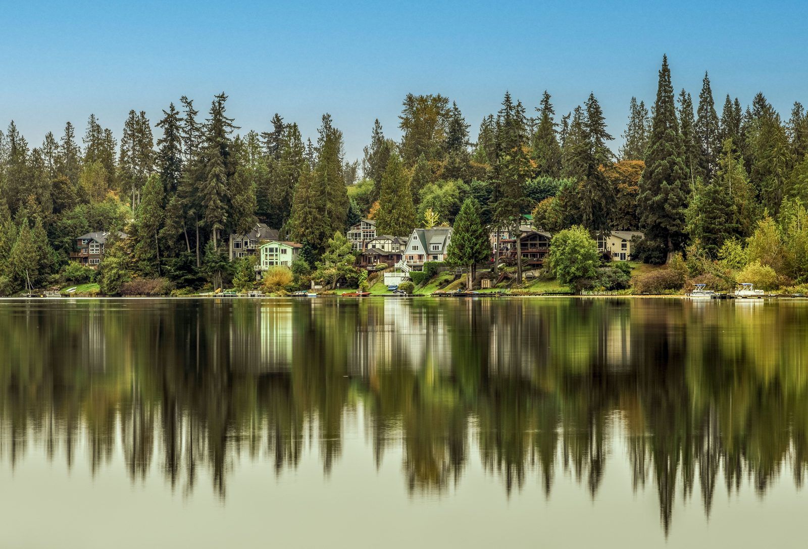 Lakefront homes and evergreen trees reflected in calm water in Renton, Washington